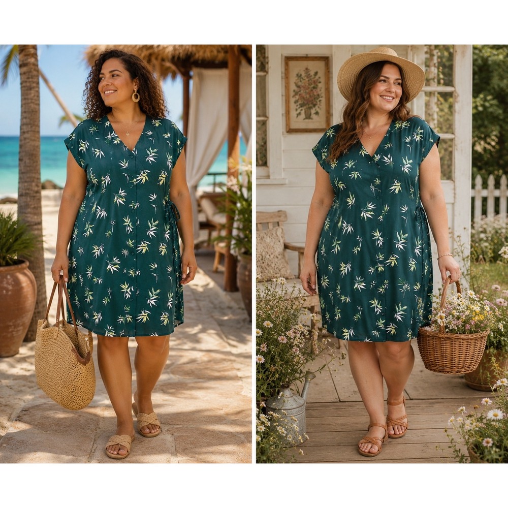 Limited P XL Tropical Palm Lead Dress Midi Boho Vacation Summer Coastal Resort